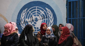 UNRWA staff members outside the UNRWA offices in Gaza City on April 14, 2019.