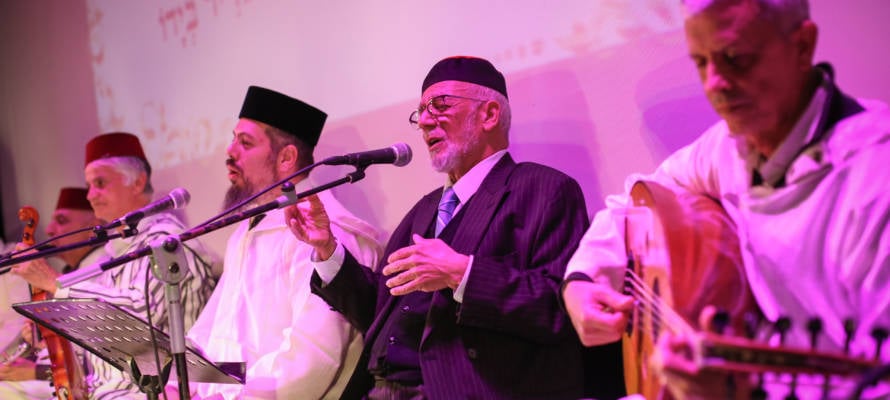 The Andalusian Orchestra "Moreshset Avot" performs with the poet Rabbi Haim Look, in the northern Israeli city of Tzfat, on February 22, 2018.