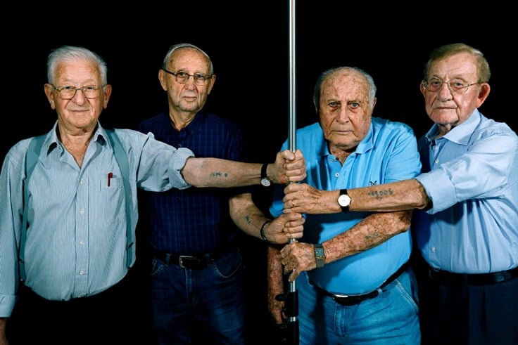 Four survivors from Auschwitz. Samuel (far right) was Adolf Eichmann's prison guard at his trial in Israel.