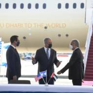 PM Benjamin Netanyahu (C), US Secretary of Treasury Steven Mnuchin (L) and UAE Minister of State for Financial Affairs Obaid Humaid Al Tayer.