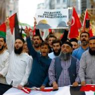 Palestinian rotesters in Turkey demonstrate against the Trump administration's “Peace to Prosperity” conference and Mideast peace plan in Bahrain