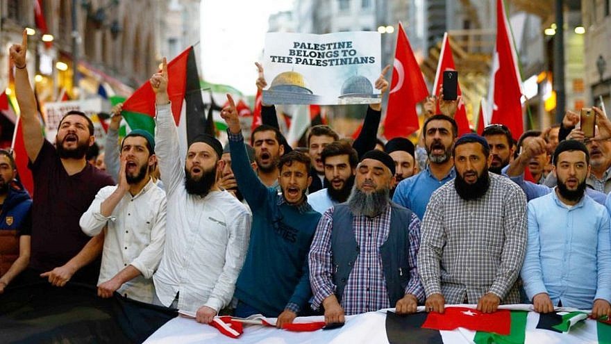 Palestinian rotesters in Turkey demonstrate against the Trump administration's “Peace to Prosperity” conference and Mideast peace plan in Bahrain