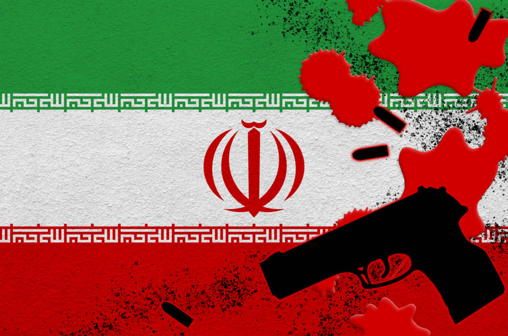 Iran,Flag,And,Black,Firearm,In,Red,Blood.,Concept,For