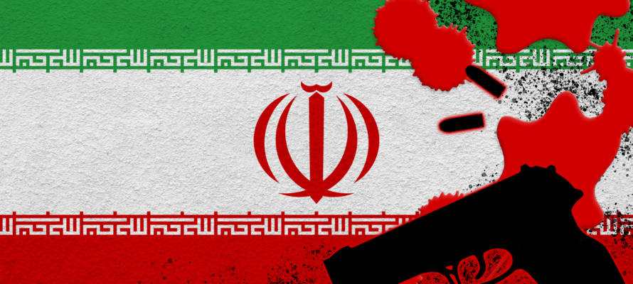 Iran,Flag,And,Black,Firearm,In,Red,Blood.,Concept,For