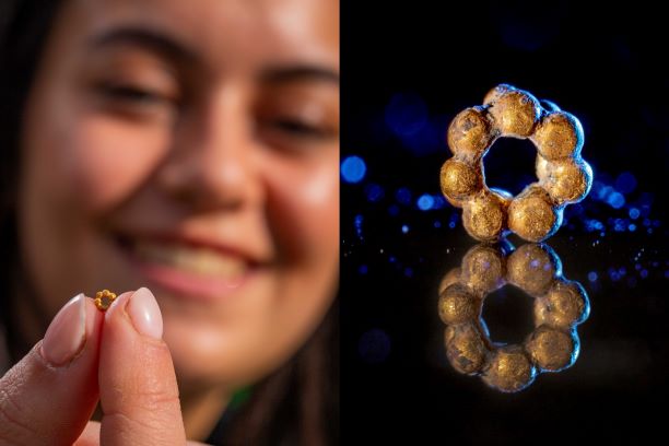 Hallel Feidman (L) with the gold bead she discovered (R) in the City of David