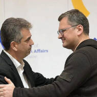 Foreign Minister Eli Cohen (left) meets with his Ukrainian counterpart Dmytro Kuleba in Kyiv, Feb. 16, 2023