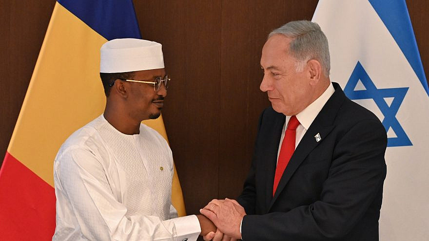 Israeli Prime Minister Benjamin Netanyahu (right) meets with Chadian President Mahamat Idriss Deby Itno in Jerusalem, Israel, Feb. 1, 2023