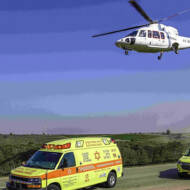 A Hatzolah Air Medivac Helicopter drills with a Magen David Adom ambulance in Israel