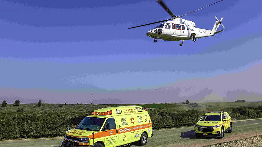 A Hatzolah Air Medivac Helicopter drills with a Magen David Adom ambulance in Israel