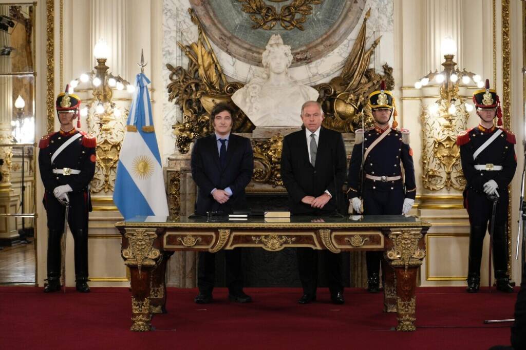 Milei, left, and Gerardo Werthein attend his inauguration as foreign minister in Buenos Aires