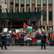 Anti-Israel protesters gather near the Consulate General of Israel in New York