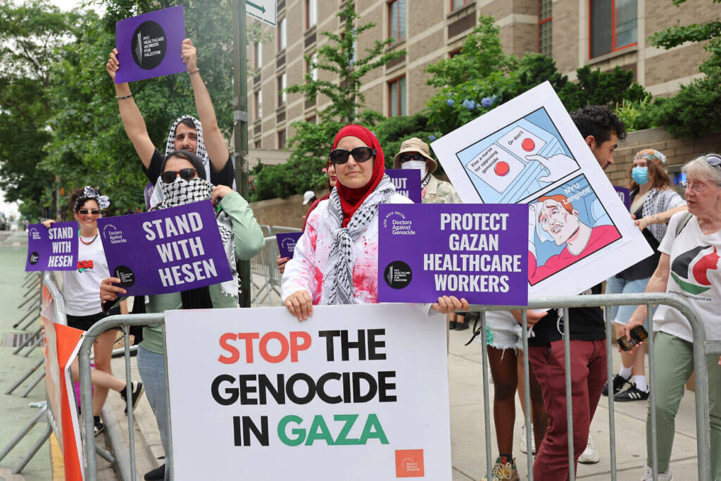 Anti-Israel activists in front of Tisch Hospital