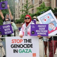 Anti-Israel activists in front of Tisch Hospital