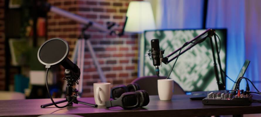 Closeup of headphones and professional microphone on empty vlogger desk