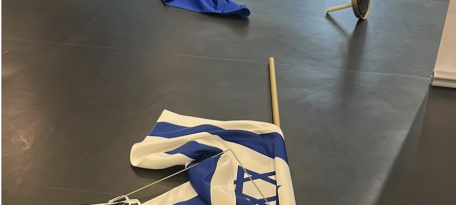 Israeli and EU flags knocked down and EU parliament, October 5, 2026.